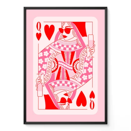 Pink and red Queen of Hearts playing card poster in black frame, retro hand-drawn illustration style.