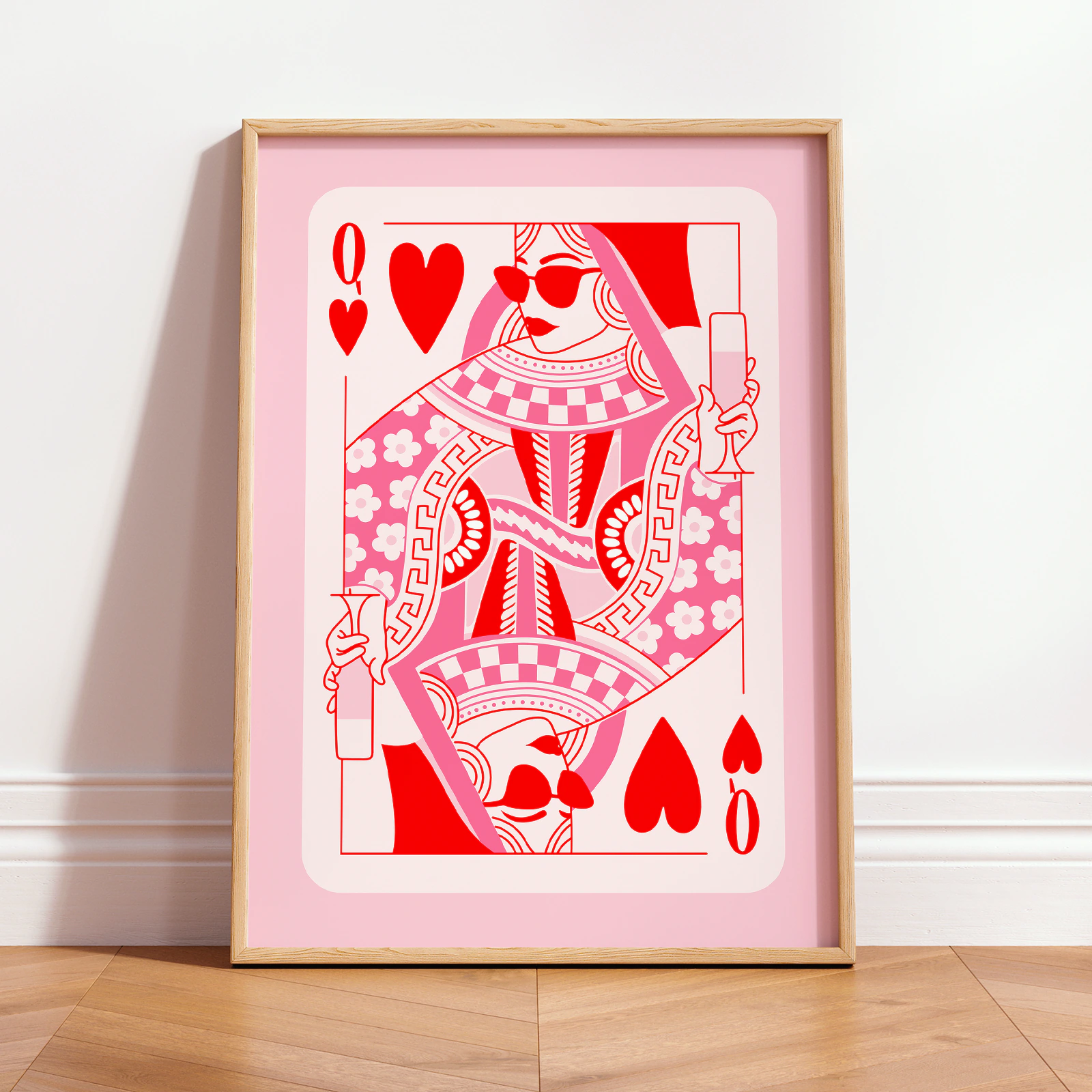 Retro Cat Print – Vintage Lady with Coffee Poster Queen of Hearts Playing Card Art Print