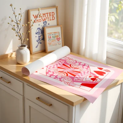 Unframed Queen of Hearts playing card art print laid on desk, showing pink and red hand-drawn details.