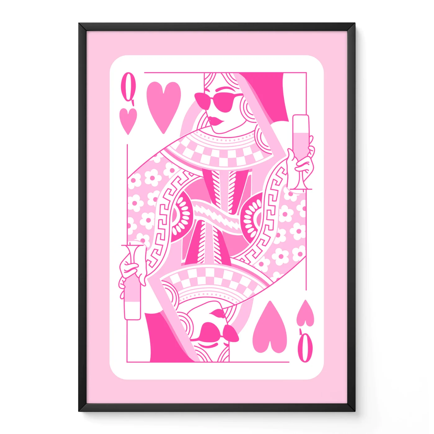 Pink and white Queen of Hearts playing card poster in black frame, hand-drawn retro illustration style.