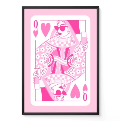 Pink and white Queen of Hearts playing card poster in black frame, hand-drawn retro illustration style.
