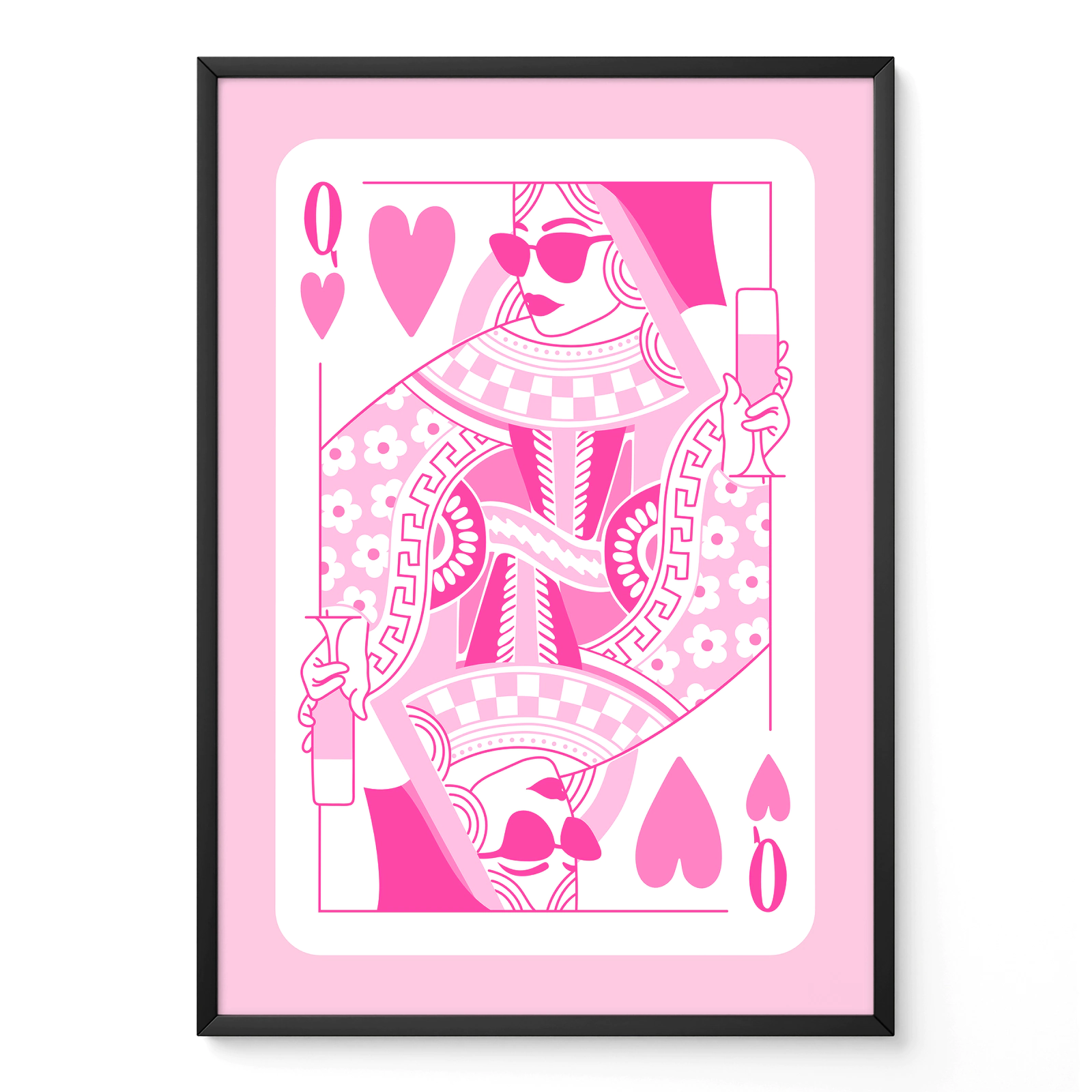 Pink and white Queen of Hearts playing card poster in black frame, hand-drawn retro illustration style.