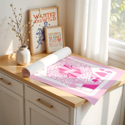 Unframed pink and white Queen of Hearts art print laid on desk, showing hand-drawn playing card details.