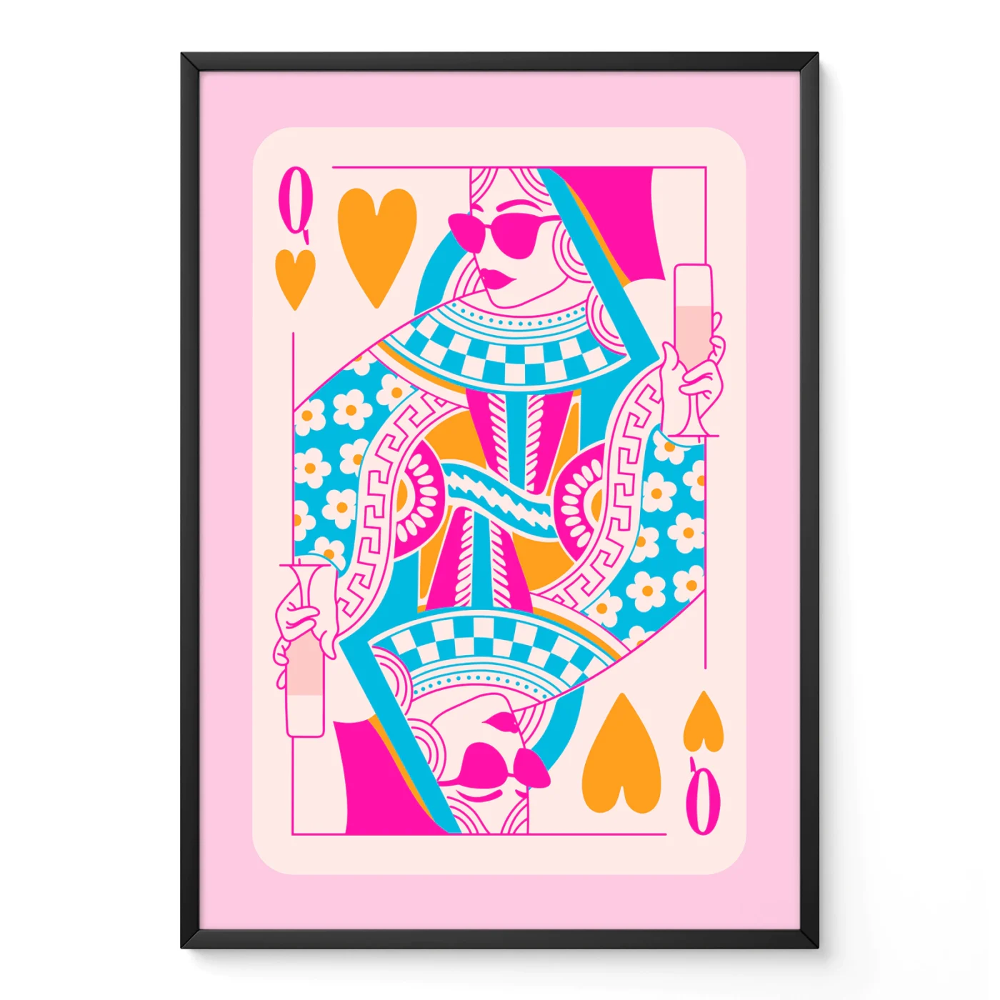 Colorful Queen of Hearts playing card poster in black frame, hand-drawn retro style with vibrant pink and teal tones.