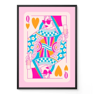 Colorful Queen of Hearts playing card poster in black frame, hand-drawn retro style with vibrant pink and teal tones.