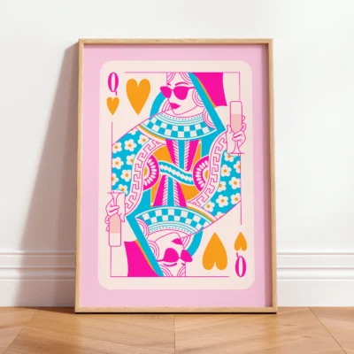 Colorful Queen of Hearts art print leaning against wall, playful retro playing card illustration in bright tones.