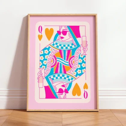 Colorful Queen of Hearts art print leaning against wall, playful retro playing card illustration in bright tones.
