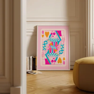 Colorful Queen of Hearts playing card poster standing on floor in a minimalist room, retro illustration style.