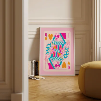 Colorful Queen of Hearts playing card poster standing on floor in a minimalist room, retro illustration style.
