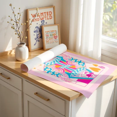 Unframed colorful Queen of Hearts art print laid on desk, showing hand-drawn playing card details.