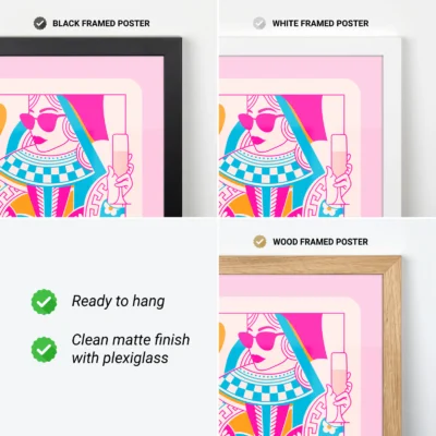 Colorful Queen of Hearts poster showing black, white and wood frame options, ready to hang.