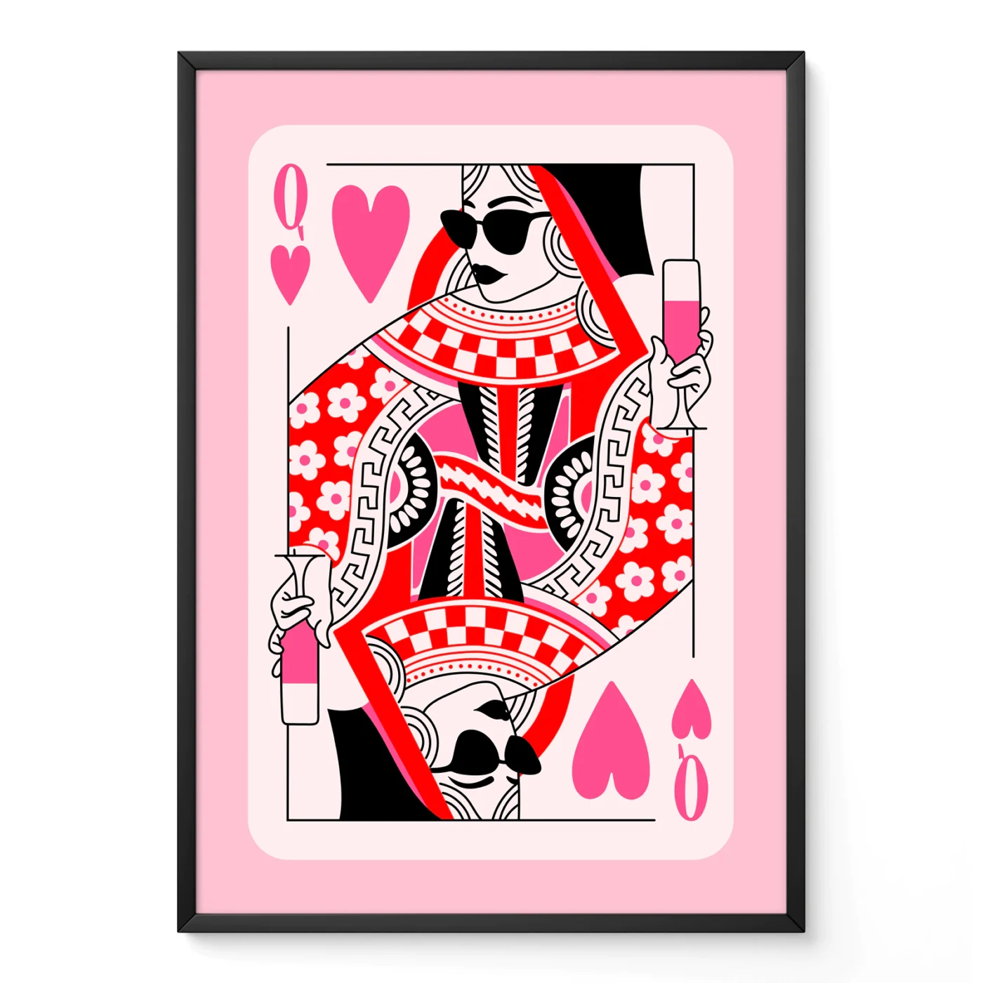 Pink and red Queen of Hearts playing card poster in black frame, hand-drawn retro illustration style.