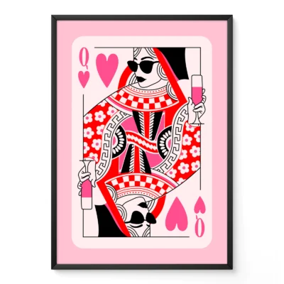 Pink and red Queen of Hearts playing card poster in black frame, hand-drawn retro illustration style.