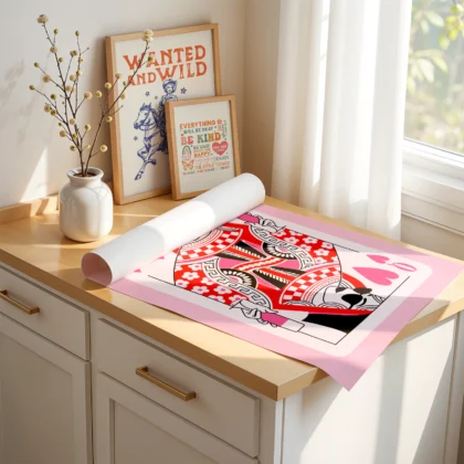 Unframed pink and red Queen of Hearts art print laid on desk, showing hand-drawn playing card details.