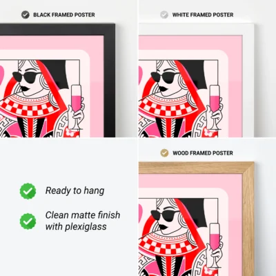 Queen of Hearts playing card poster showing black, white and wood frame options, ready to hang.