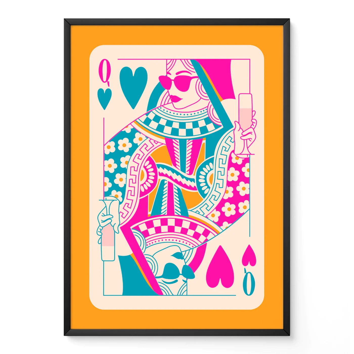 Colorful Queen of Hearts playing card poster in black frame, bold preppy retro style with pink, teal and orange tones.