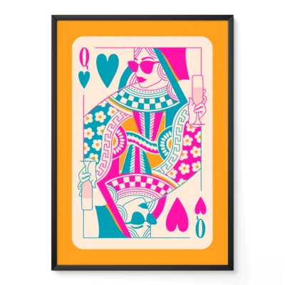 Colorful Queen of Hearts playing card poster in black frame, bold preppy retro style with pink, teal and orange tones.