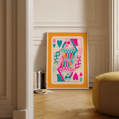 Colorful Queen of Hearts playing card poster standing on floor in minimalist room, bold retro style.
