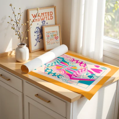 Unframed colorful Queen of Hearts art print laid on desk, showing bold preppy playing card details.