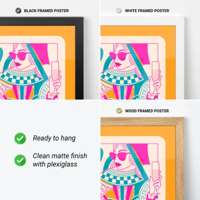 Queen of Hearts poster showing black, white and wood frame options, ready to hang.