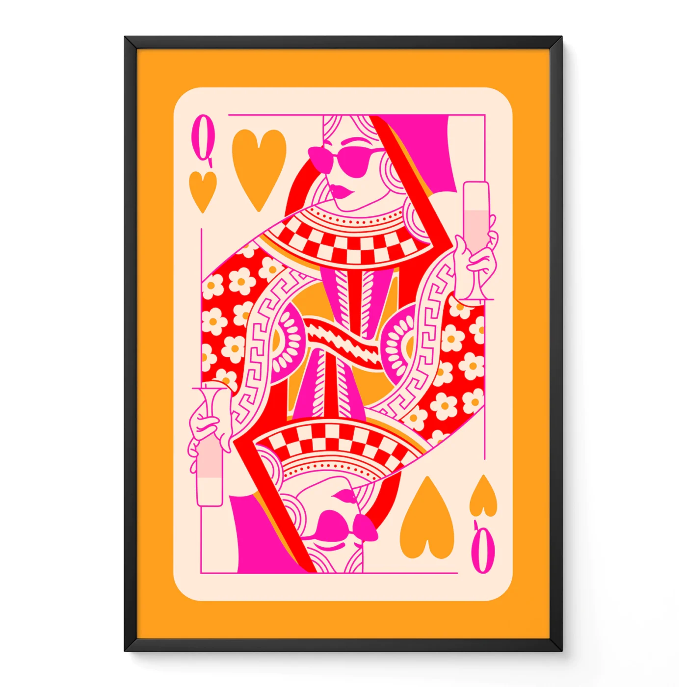 Orange and pink Queen of Hearts playing card poster with bold hand-drawn retro illustration and modern preppy style.