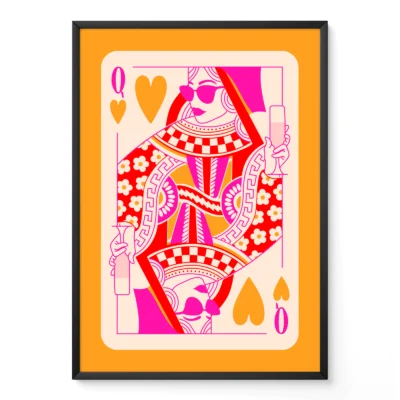 Orange and pink Queen of Hearts playing card poster with bold hand-drawn retro illustration and modern preppy style.