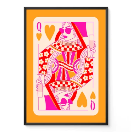 Orange and pink Queen of Hearts playing card poster with bold hand-drawn retro illustration and modern preppy style.