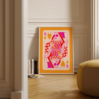 Orange and pink Queen of Hearts playing card poster standing on floor in minimalist room, retro style.