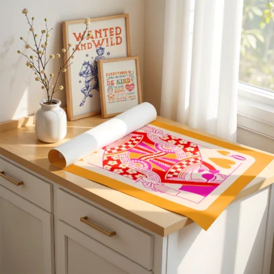 Unframed orange and pink Queen of Hearts art print laid on desk, showing bold hand-drawn details.