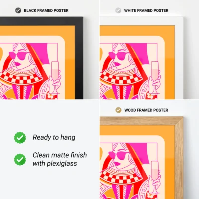 Queen of Hearts poster showing black, white and wood frame options, ready to hang.