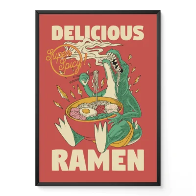 Framed retro poster of dinosaur eating spicy ramen noodles
