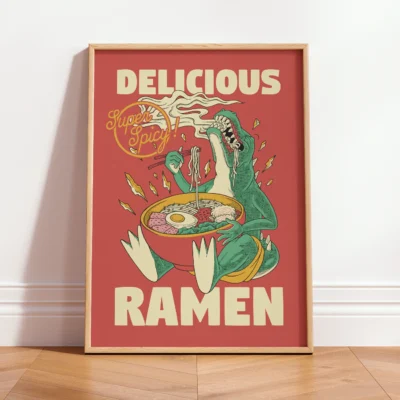 Wood-framed spicy ramen dinosaur poster on wooden floor