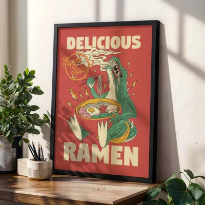 Black-framed dinosaur ramen print on sunlit desk with plants