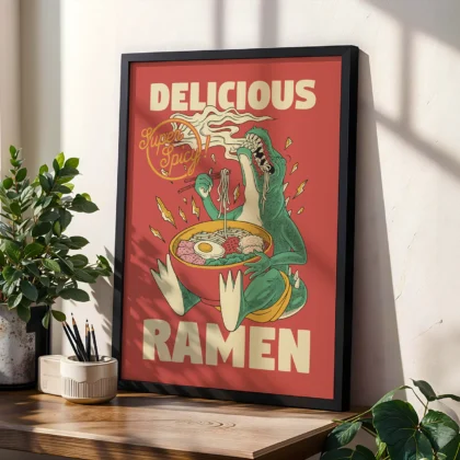 Super Spicy Ramen Wall Art – Dinosaur Poster or Canvas Print