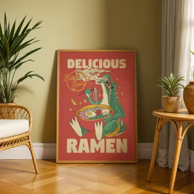 Retro ramen poster with dinosaur in cozy boho-style living room