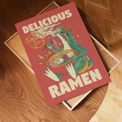 Unframed dinosaur ramen print placed on a round table
