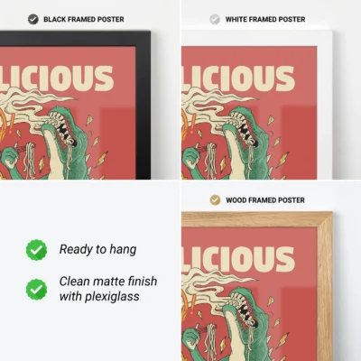 Frame options preview showing black, white, and wood frames