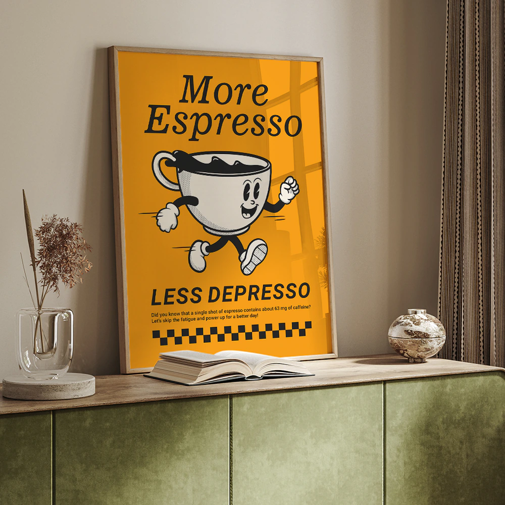 Retro coffee poster with smiling espresso cup character and slogan “More Espresso Less Depresso” in bold orange design