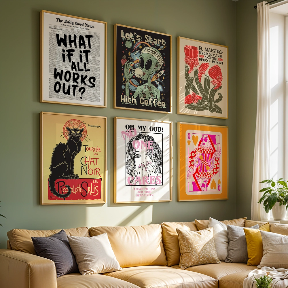 Gallery wall with colorful retro posters featuring typography, pop art illustrations, vintage graphics and eclectic wall art styles