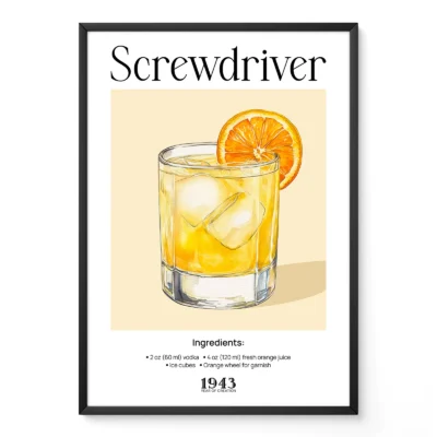Screwdriver drink poster with retro cocktail illustration, classic vodka and orange juice vintage style.