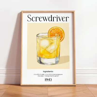 Screwdriver drink poster in wooden frame, vintage cocktail wall art with orange slice detail.