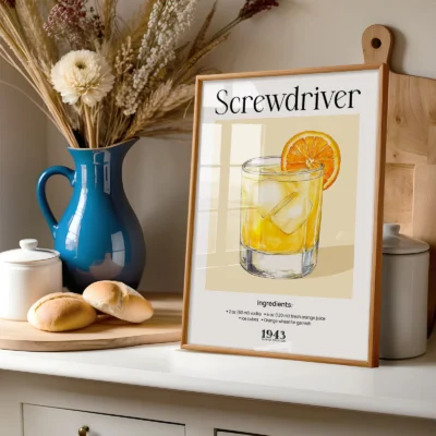 Screwdriver drink poster styled on shelf, retro vodka orange cocktail wall art.