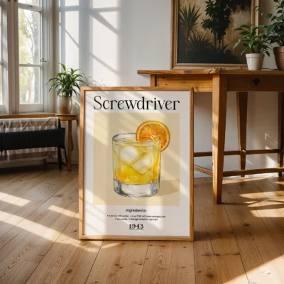 Screwdriver drink poster displayed in bright interior, vintage cocktail wall art print.