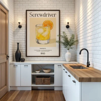 Screwdriver drink poster hanging in kitchen, retro cocktail wall art with orange tones.