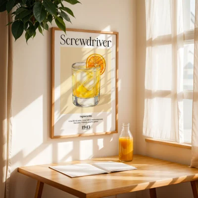 Screwdriver drink poster near window, vintage cocktail illustration with natural light.