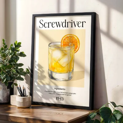 Screwdriver drink poster styled with plants, retro vodka orange cocktail wall art.