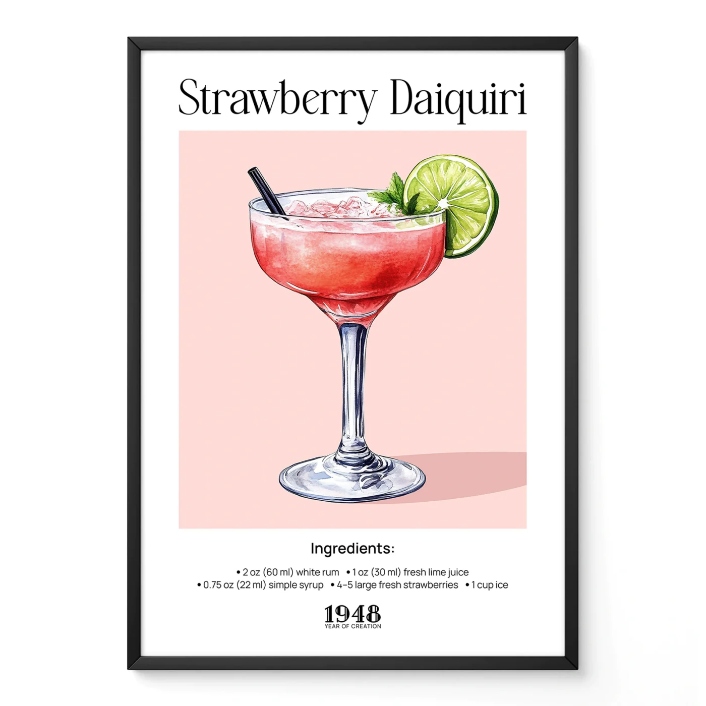 Strawberry Daiquiri poster with vintage watercolor illustration of pink frozen cocktail in classic stemmed glass.