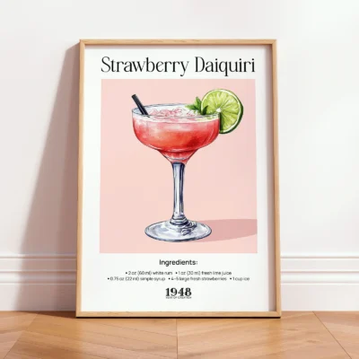 Strawberry Daiquiri poster in wooden frame, minimalist retro cocktail print with soft pink tones.