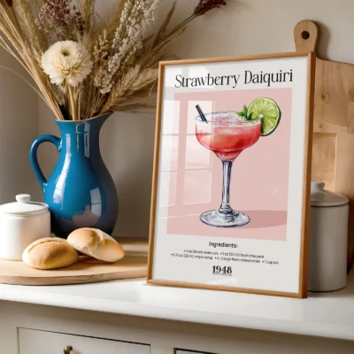 Strawberry Daiquiri poster styled on shelf with decor, vintage watercolor cocktail wall print.
