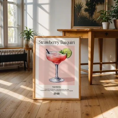 Strawberry Daiquiri poster displayed in bright interior, classic retro cocktail wall print.